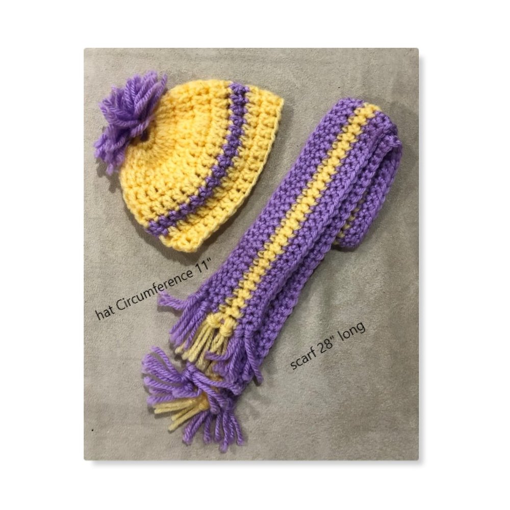 NEW American Girl Doll clothes (or 18" doll) purple & yellow hat and scarf